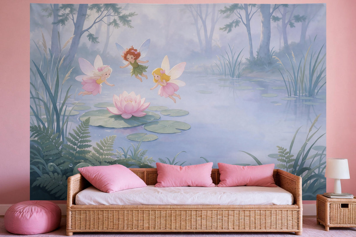 XXL wall tapestry Fairies at the Forest Pond in Gouache as wall decor in a girls' bedroom