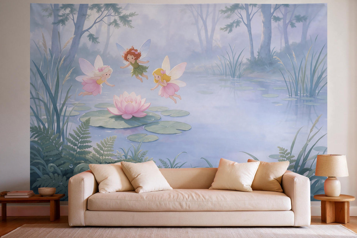 Wall decor in a bright living room above the sofa: printed fabric tapestry Fairies at the Forest Pond in Gouache