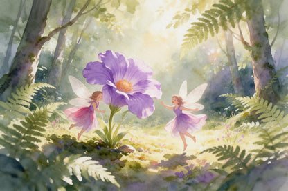 Zwei Feen tanzen um eine grosse violette Blüte links der Mitte im Zauberwald, als Wandtuch, auf Stoff gedruckt – Violett