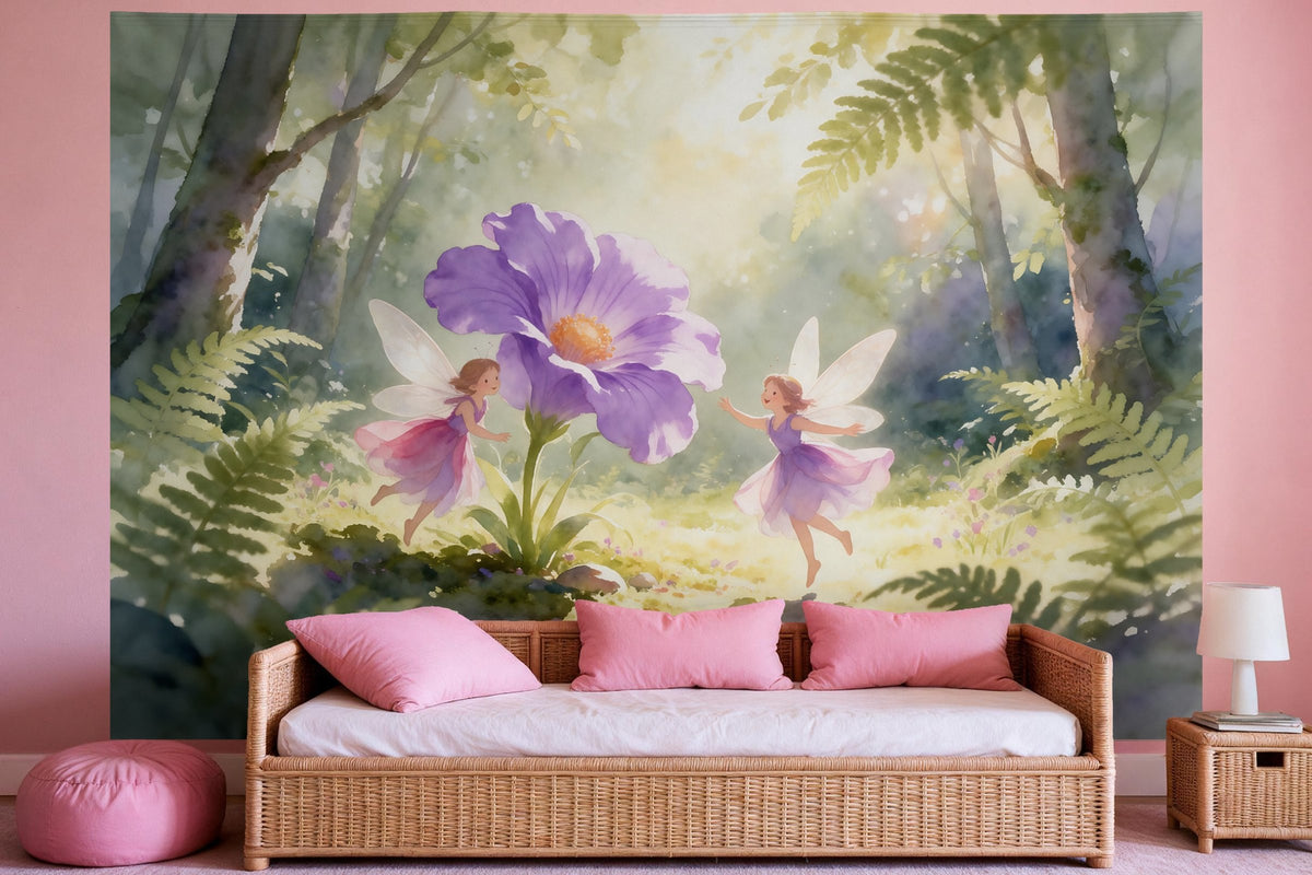 Tapiz de pared XXL Hadas en el bosque encantado como decoración en un dormitorio de niña