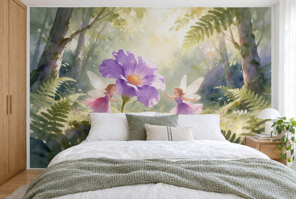Bedruckter Stoff im XXL-Format: violette Riesenblüte links der Mitte, zwei Feen und Farne, wandfüllend hinter dem Bett