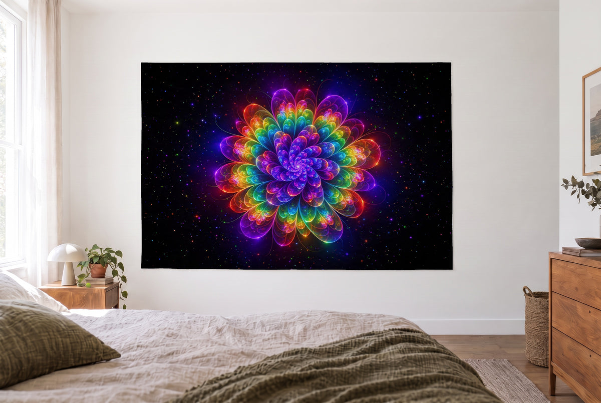 Fractal Flower in Rainbow Colors tapestry in a bright bedroom opposite the bed, a wooden dresser on the right