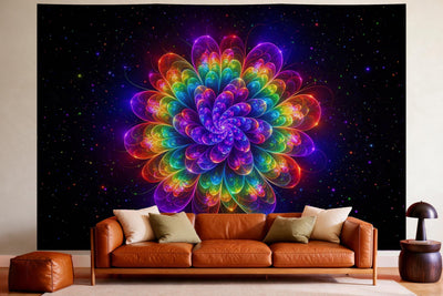 XXL wall tapestry Fractal Flower in Rainbow Colors as wall decor in a cosy living room above the leather sofa