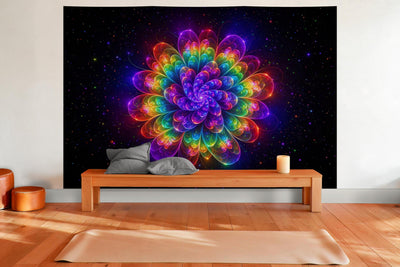 Wall decor in a yoga room: printed fabric tapestry Fractal Flower in Rainbow Colors