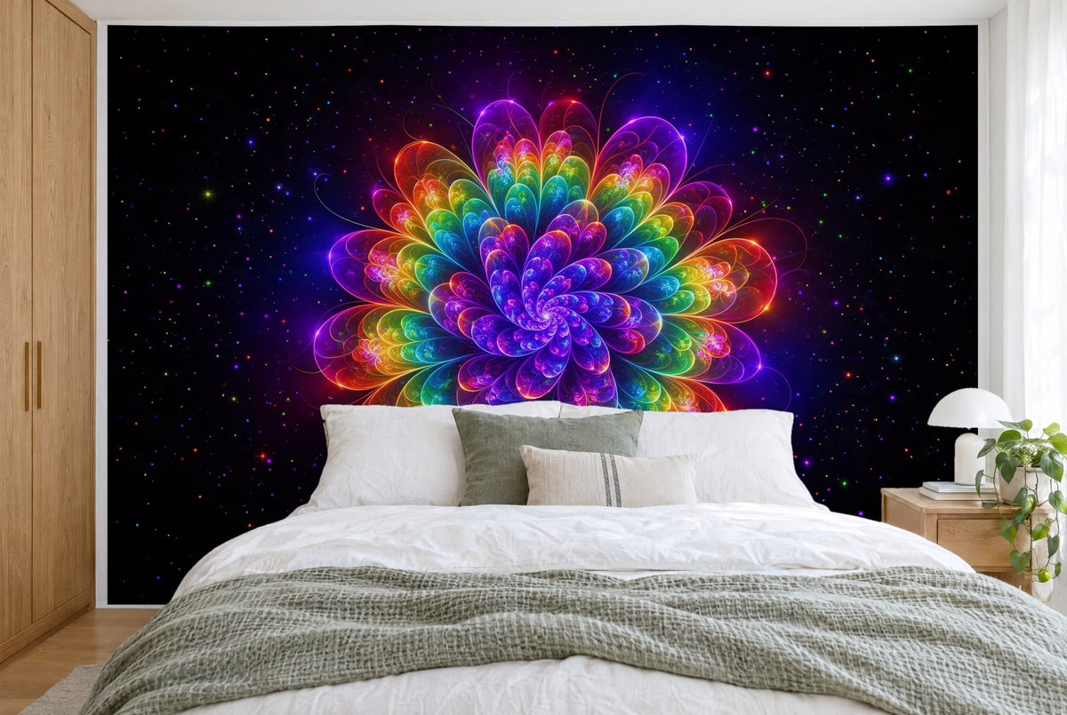 Large wall hanging Fractal Flower in Rainbow Colors in the bedroom, wall-filling behind the bed – printed tapestry