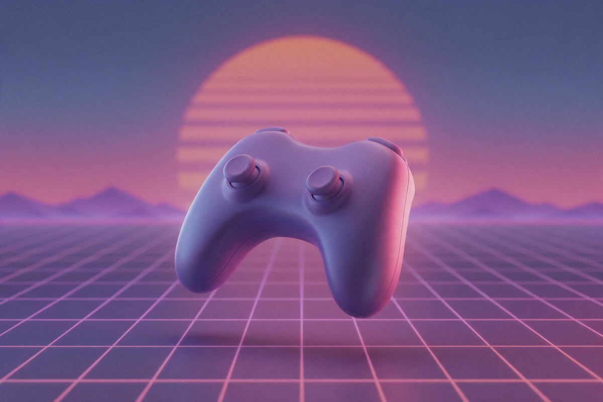 Gaming controller floating above a retro grid floor in front of a striped sun, tapestry printed on fabric – violet and pink