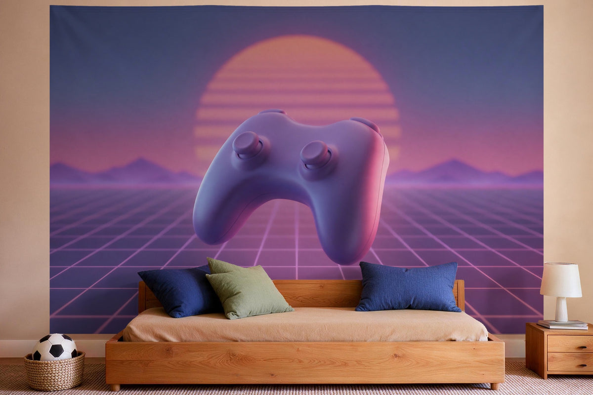 Tenture murale XXL Manette de jeu au look synthwave en déco murale dans une chambre de garçon