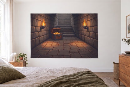 Wandtuch Gaming Pixel-Dungeon mit Schatztruhe im hellen Schlafzimmer gegenüber dem Bett, rechts eine Holzkommode