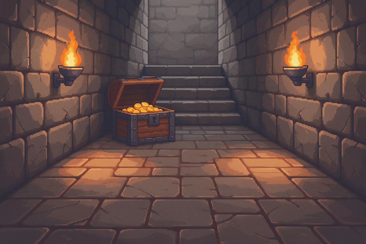 Gaming-Dungeon aus Pixeln mit offener Schatztruhe und zwei Fackeln, als Wandtuch, auf Stoff gedruckt – Orange und Grau