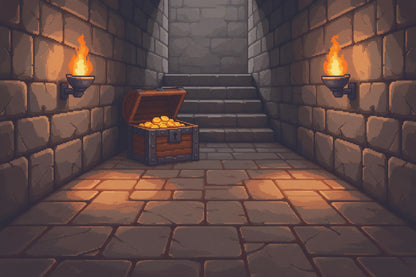 Gaming-Dungeon aus Pixeln mit offener Schatztruhe und zwei Fackeln, als Wandtuch, auf Stoff gedruckt – Orange und Grau