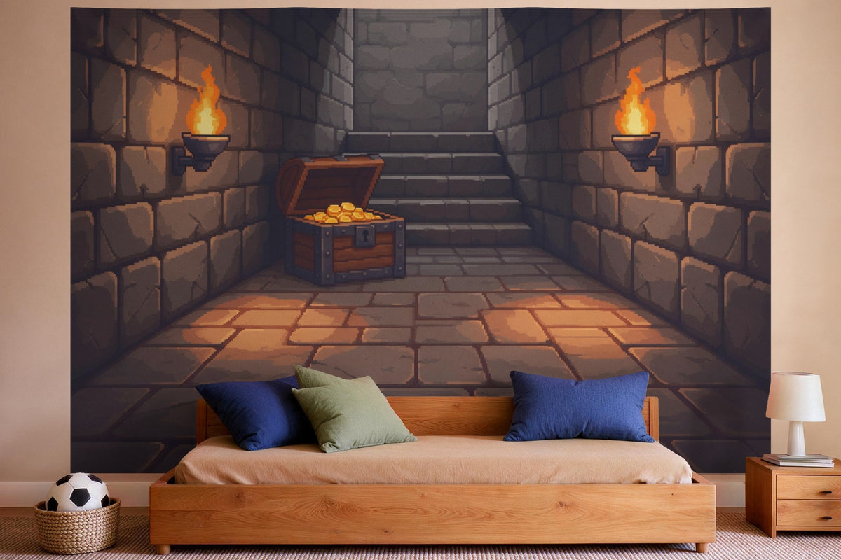 Wandtuch XXL Gaming Pixel-Dungeon mit Schatztruhe als Wanddeko im Jungen-Kinderzimmer