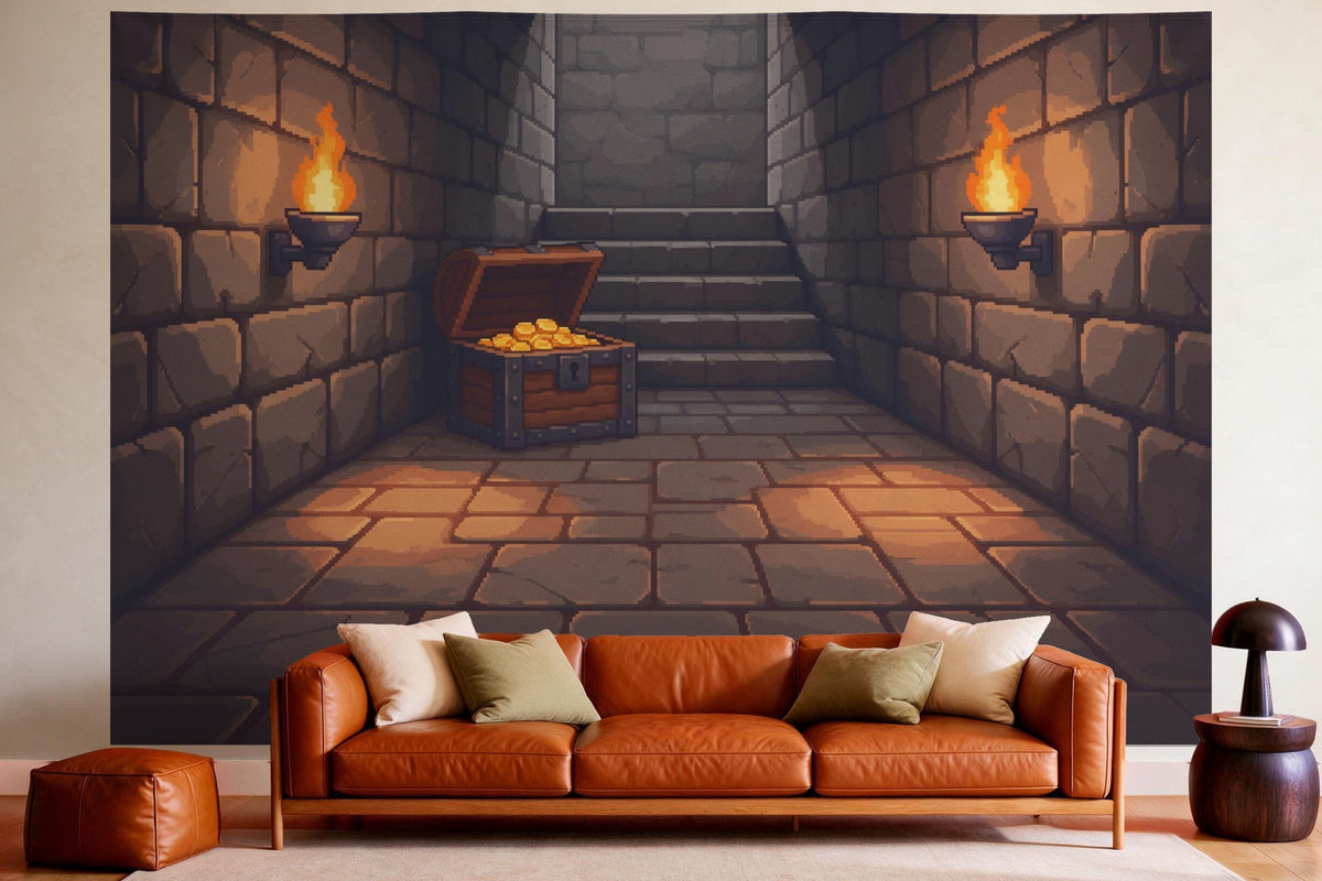 Wanddeko im gemütlichen Wohnzimmer über dem Ledersofa: Wandtuch Gaming Pixel-Dungeon mit Schatztruhe, auf Stoff gedruckt