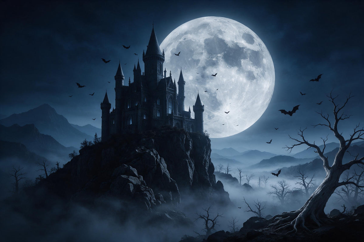 Castillo gótico con torres puntiagudas sobre un acantilado ante la luna llena, tapiz impreso en tela – negro y azul
