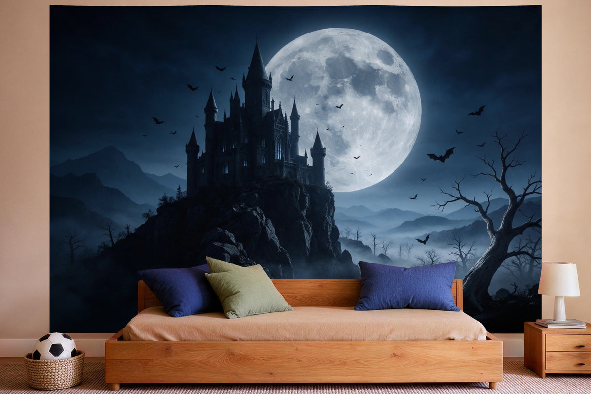 Decoración de pared en un dormitorio de niño: tapiz de tela Noche de luna sobre el castillo gótico