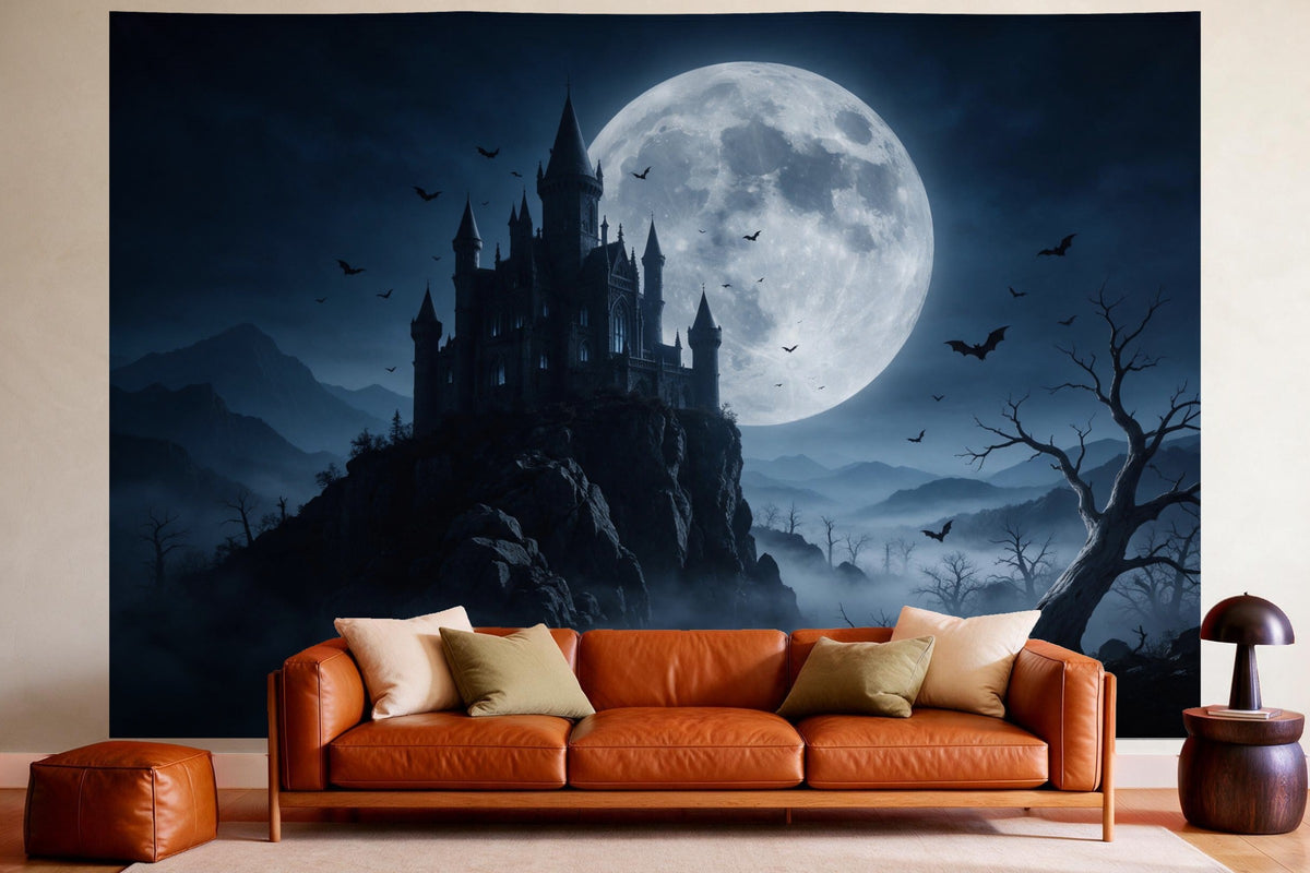 Tapiz de pared XXL Noche de luna sobre el castillo gótico como decoración en un salón acogedor sobre el sofá de cuero