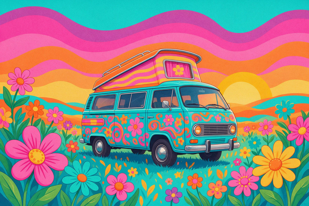 Colourfully painted hippie bus in a sea of flowers under a wavy evening sky, tapestry printed on fabric – turquoise and pink
