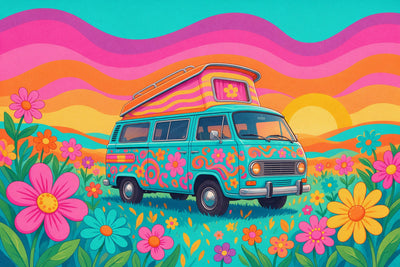 Bunt bemalter Hippie-Bus im Blumenmeer unter welligem Abendhimmel, als Wandtuch, auf Stoff gedruckt – Türkis und Pink
