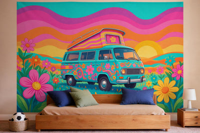Wanddeko im Jungen-Kinderzimmer: Wandtuch Hippie-Bus im Blumenmeer, auf Stoff gedruckt