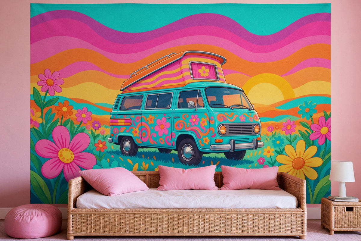 Wall decor in a girls' bedroom: printed fabric tapestry Hippie Bus in a Sea of Flowers