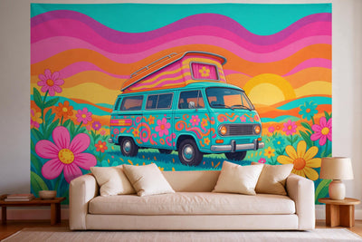Wandtuch XXL Hippie-Bus im Blumenmeer als Wanddeko im hellen Wohnzimmer über dem Sofa