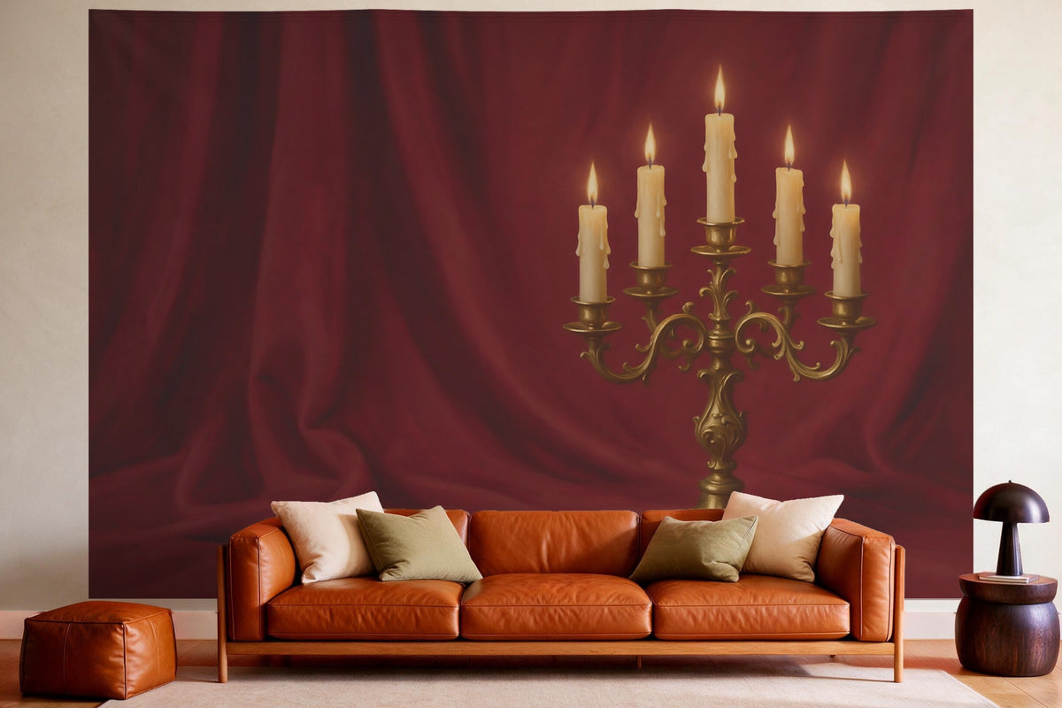 XXL wall tapestry Candelabra with Dripping Candles as wall decor in a cosy living room above the leather sofa