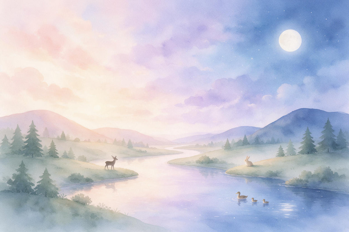 Märchenlandschaft mit Fluss, Reh, Hase und Enten vom Morgenrot in die Mondnacht, als Wandtuch, auf Stoff gedruckt – Lavendel