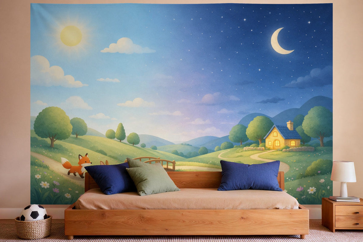 Decoración de pared en un dormitorio de niño: tapiz de tela Panorama de cuento del día a la noche