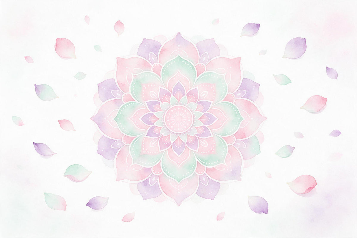 Zartes Mandala in Pastell-Aquarell mit verstreuten Blütenblättern auf Weiss, als Wandtuch, auf Stoff gedruckt – Rosa und Mint