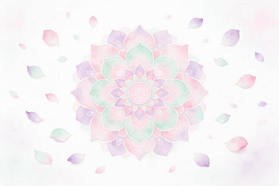 Zartes Mandala in Pastell-Aquarell mit verstreuten Blütenblättern auf Weiss, als Wandtuch, auf Stoff gedruckt – Rosa und Mint