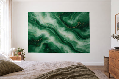 Emerald marble tapestry in flowing waves in a bright bedroom opposite the bed, a wooden dresser on the right