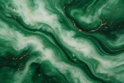 Emerald green marble in flowing waves with cream-white veils and gold veins, tapestry printed on fabric