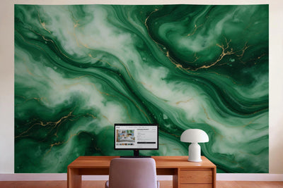 Wall decor in a home office behind the desk: printed fabric tapestry Emerald Marble in Flowing Waves