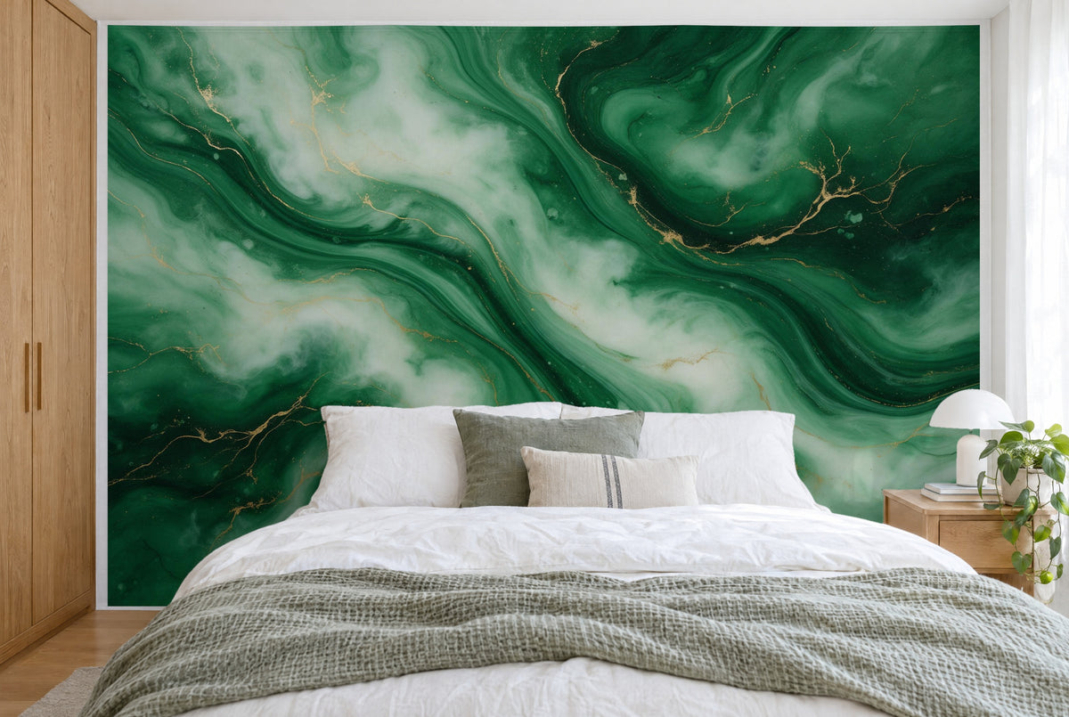 Large wall hanging Emerald Marble in Flowing Waves in the bedroom, wall-filling behind the bed – printed tapestry