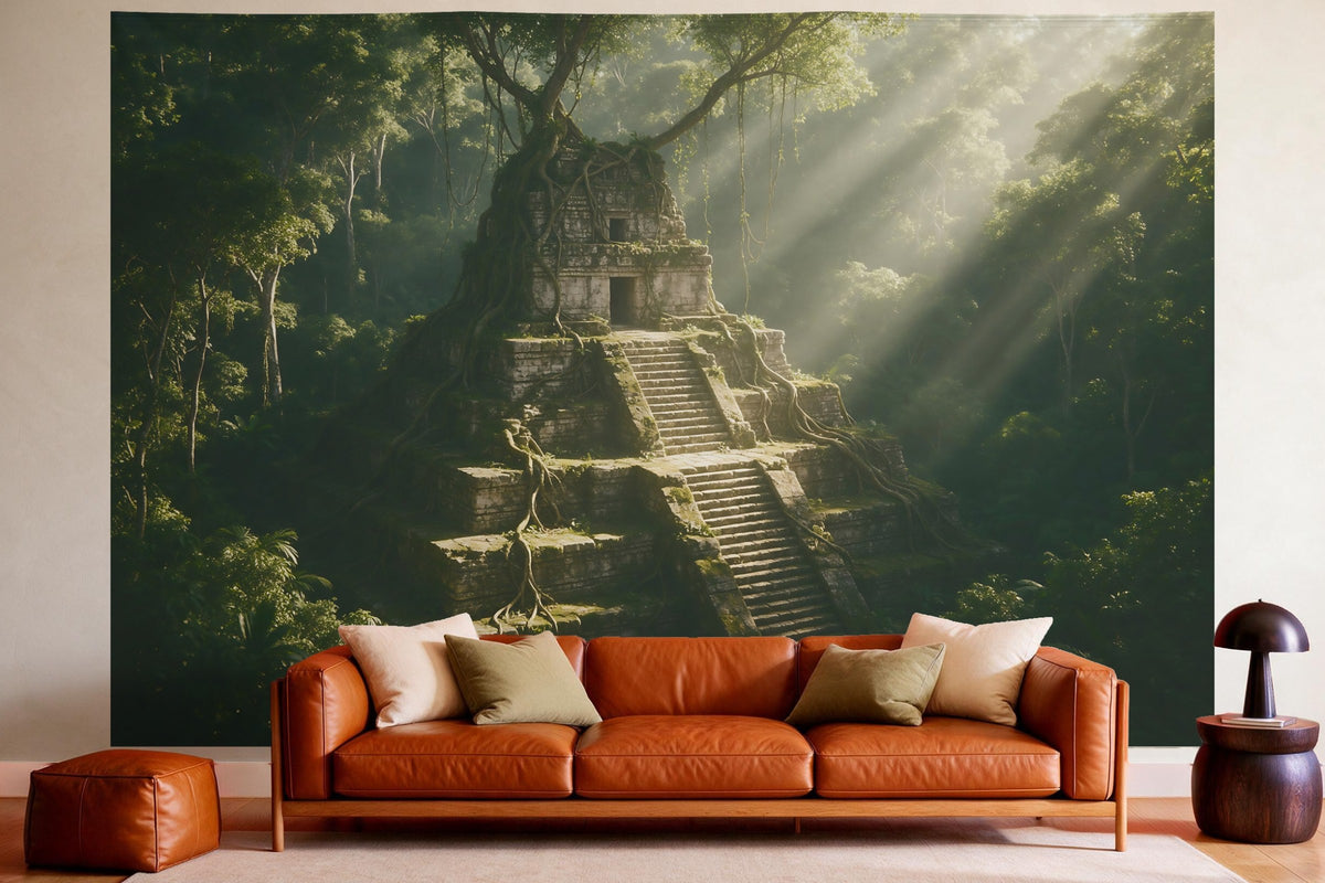 Tapiz de pared XXL Templo maya en la selva como decoración en un salón acogedor sobre el sofá de cuero