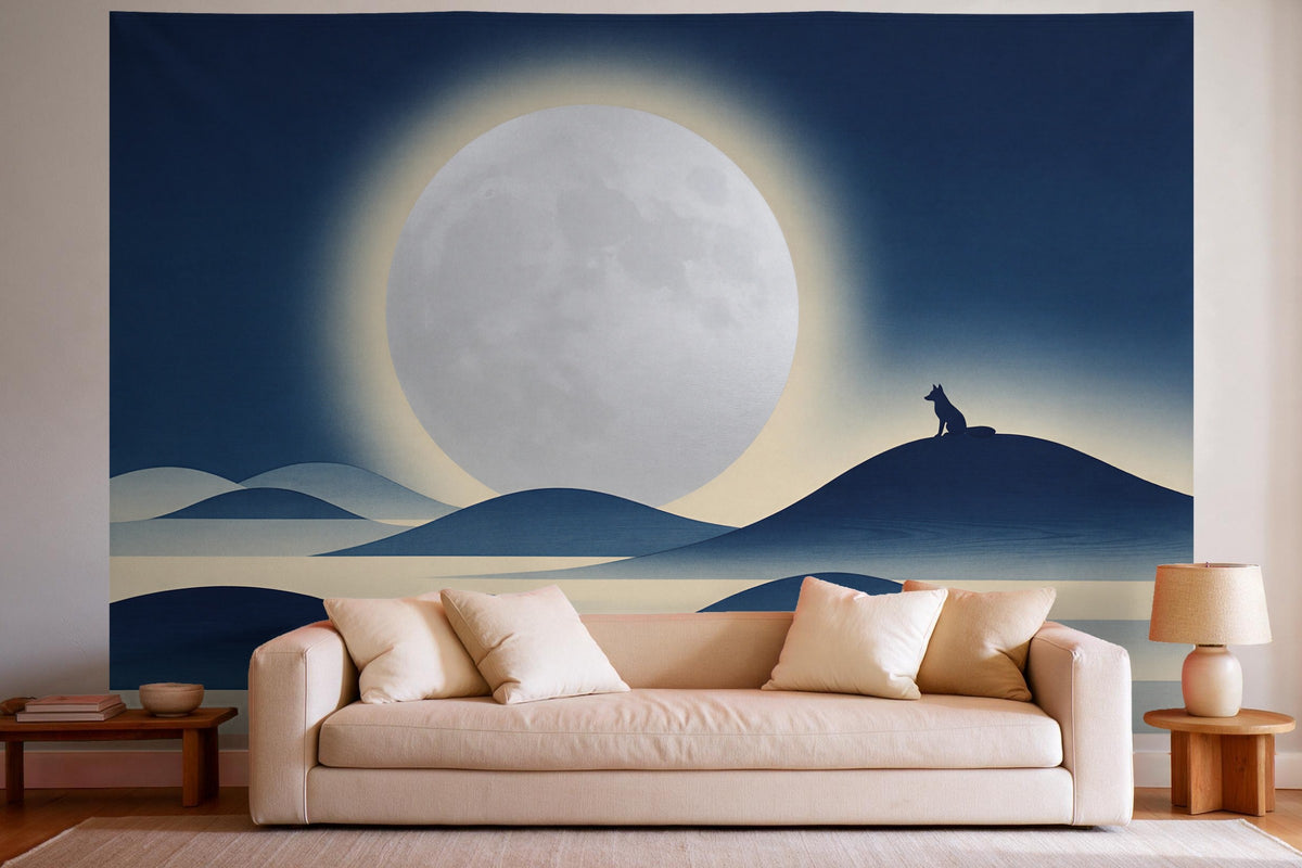 Tapiz de pared XXL Noche de luna estilo grabado en madera como decoración en un salón luminoso sobre el sofá