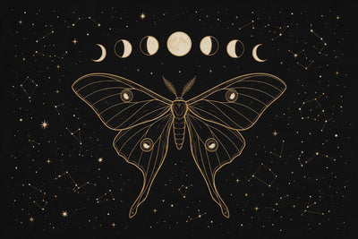 Sept phases de lune en ligne au-dessus d'une phalène dorée sur noir étoilé, tenture murale imprimée sur tissu – or