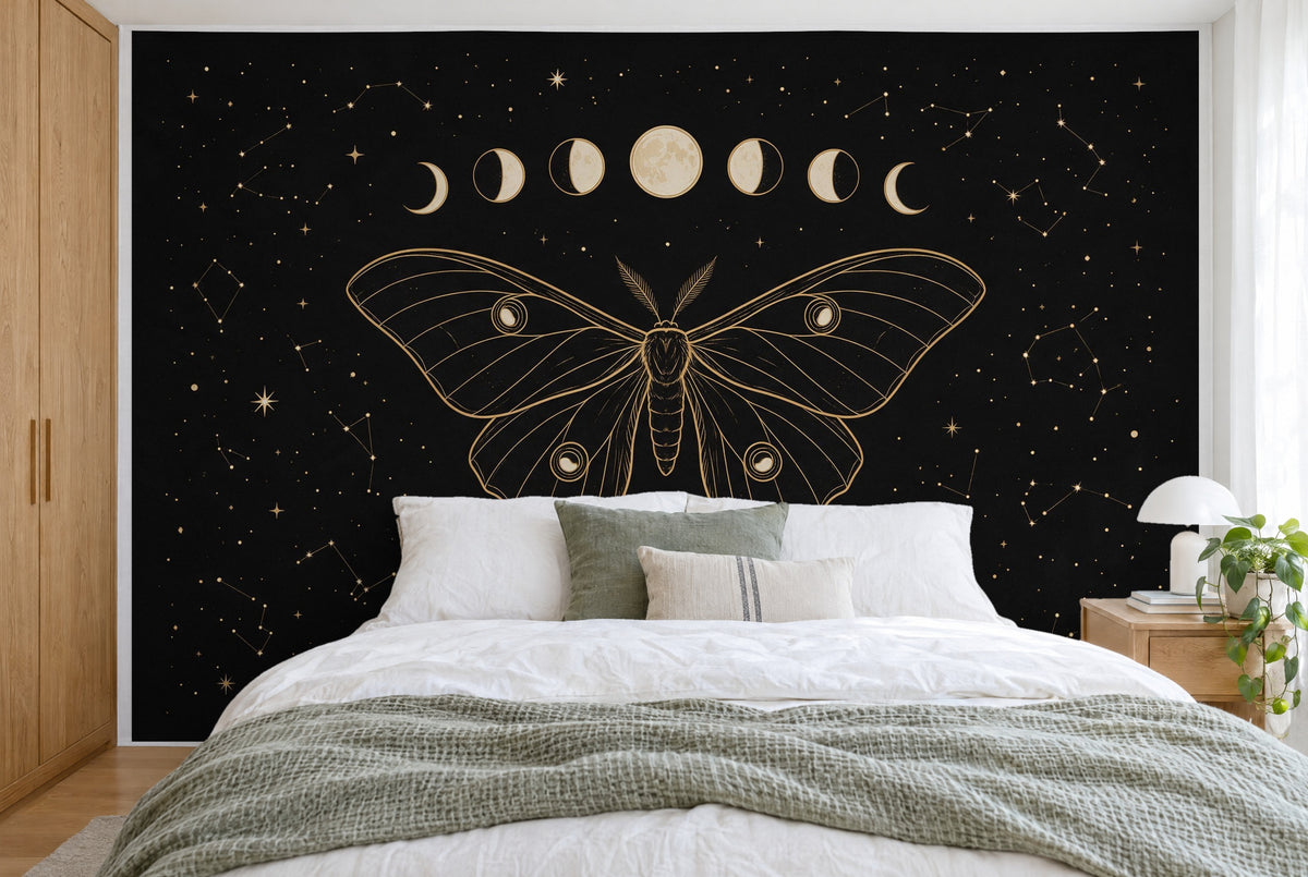 Grande tenture murale Phases de lune sur noir avec phalène dans la chambre, sur tout le mur derrière le lit – tapisserie en tissu