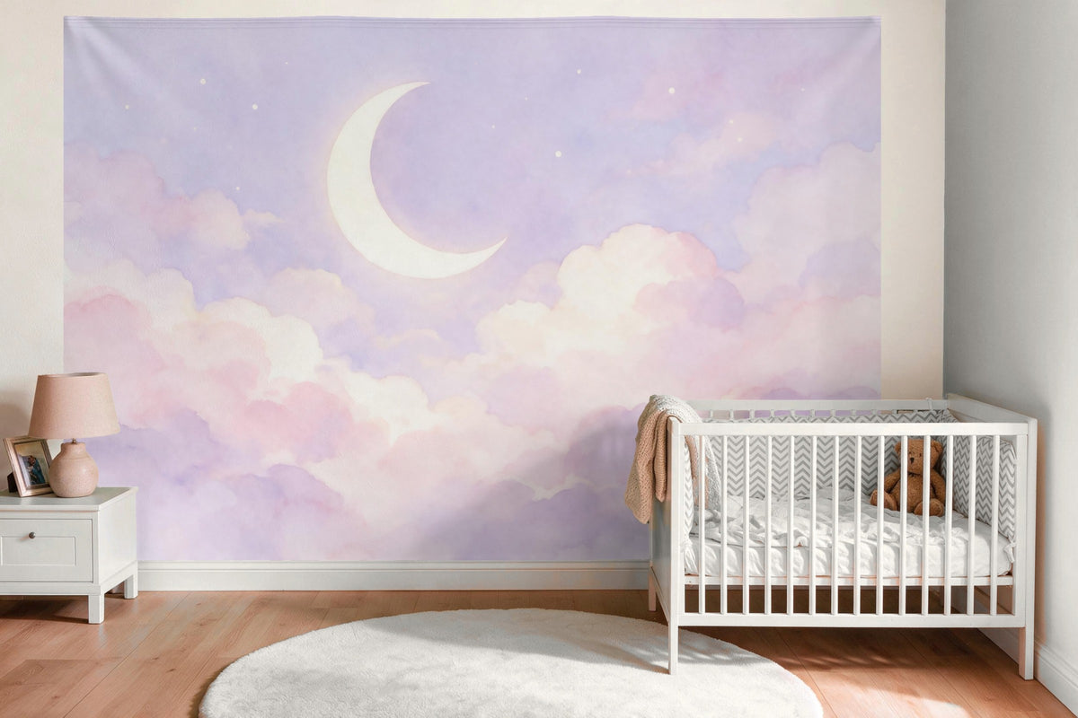 Tapiz de pared XXL Luna creciente sobre nubes pastel como decoración en la habitación del bebé sobre la cuna