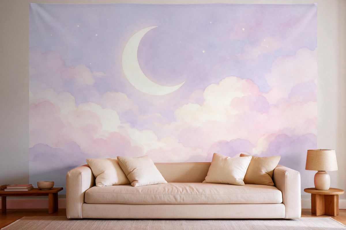 Decoración de pared en un salón luminoso sobre el sofá: tapiz de tela Luna creciente sobre nubes pastel