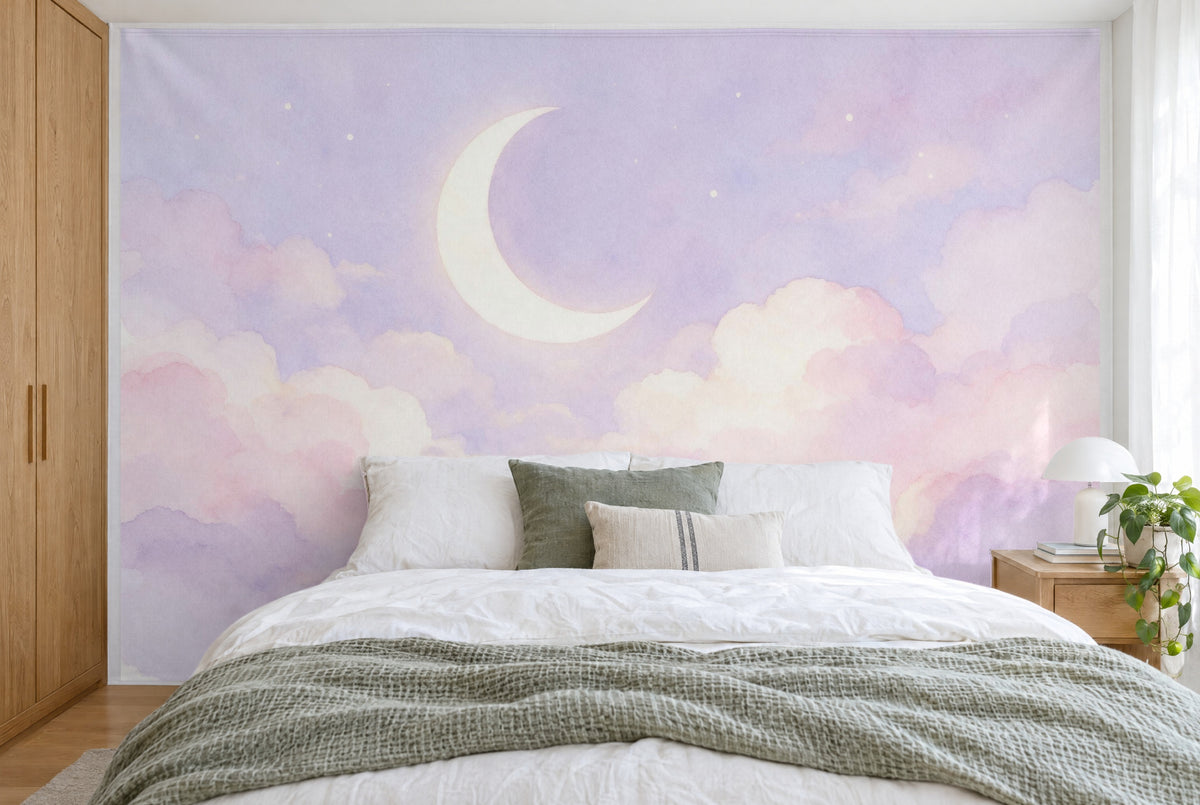Tissu imprimé XXL : croissant de lune clair en haut à gauche sur une mer de nuages rose, mur entier derrière le lit