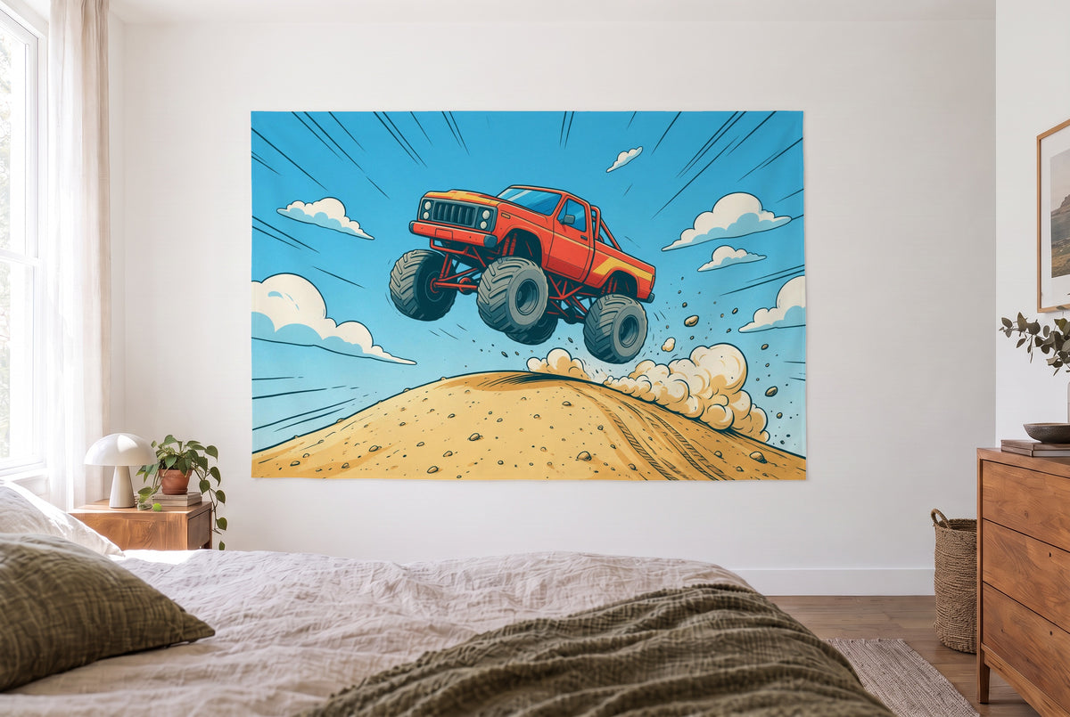 Wandtuch Monstertruck im Comic-Stil im hellen Schlafzimmer gegenüber dem Bett, rechts eine Holzkommode – Rot und Blau