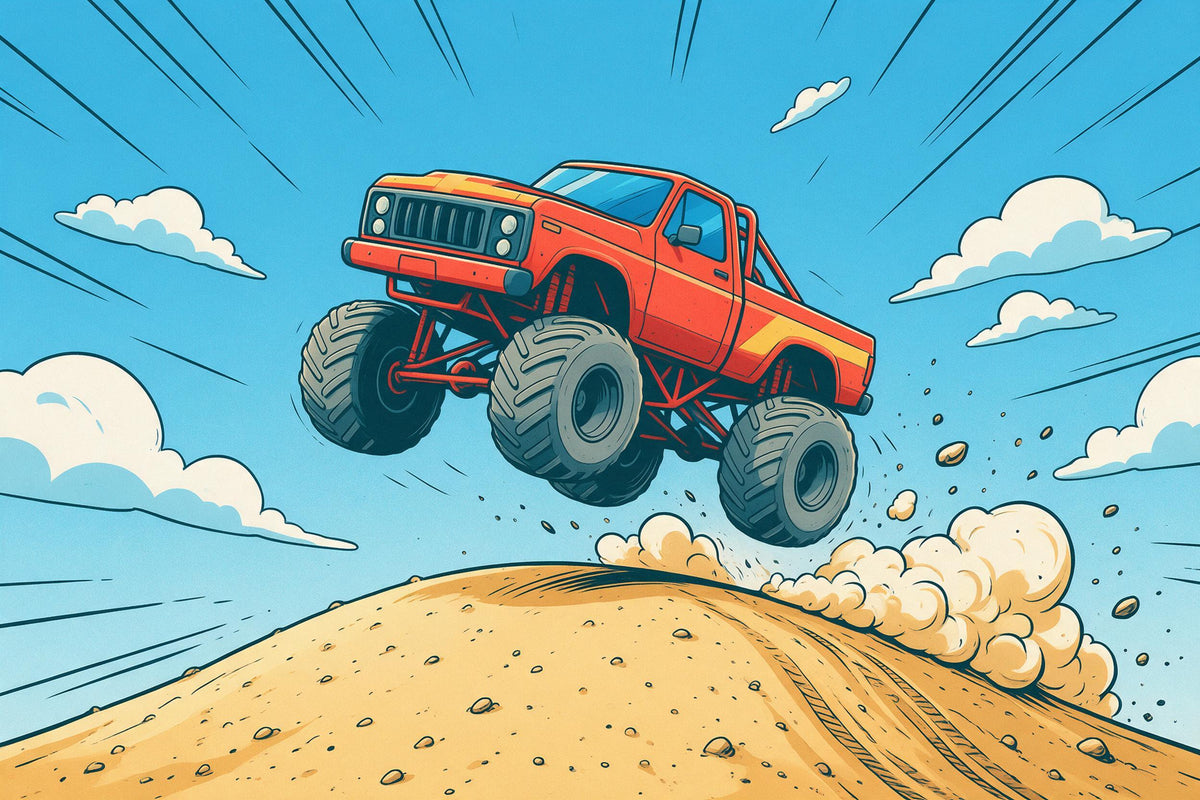 Roter Monstertruck springt über einen Sandhügel unter blauem Himmel, als Wandtuch, auf Stoff gedruckt – Rot und Blau