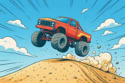 Roter Monstertruck springt über einen Sandhügel unter blauem Himmel, als Wandtuch, auf Stoff gedruckt – Rot und Blau