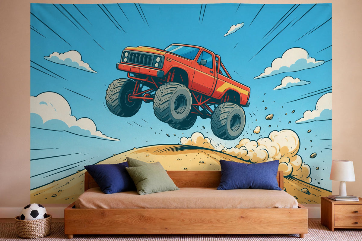 Tapiz de pared XXL Monster truck en estilo cómic como decoración en un dormitorio de niño