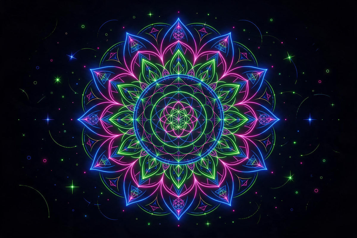 Mandala néon avec fleur de vie et pétales pointus sur noir, tenture murale imprimée sur tissu – vert et rose