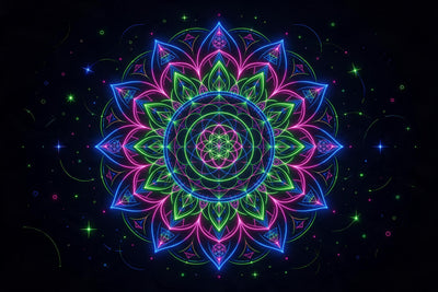 Mandala néon avec fleur de vie et pétales pointus sur noir, tenture murale imprimée sur tissu – vert et rose