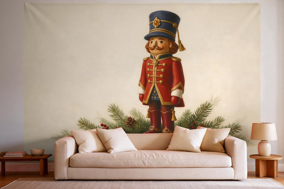 Wandtuch XXL Nussknacker mit Tannenzweigen als Wanddeko im hellen Wohnzimmer über dem Sofa