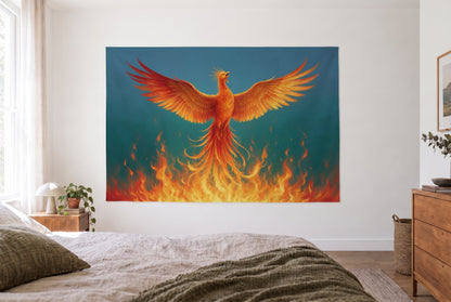 Phoenix from the Flames tapestry in a bright bedroom opposite the bed, wooden dresser on the right – orange and petrol