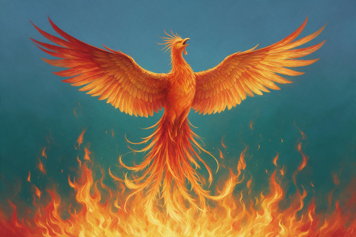 Phoenix with wide outspread wings rising from blazing flames, tapestry printed on fabric – red and petrol