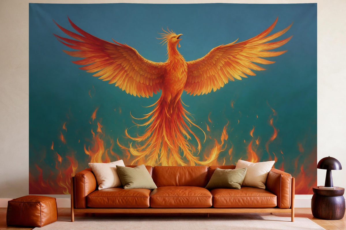 Wandtuch XXL Phönix aus den Flammen als Wanddeko im gemütlichen Wohnzimmer über dem Ledersofa